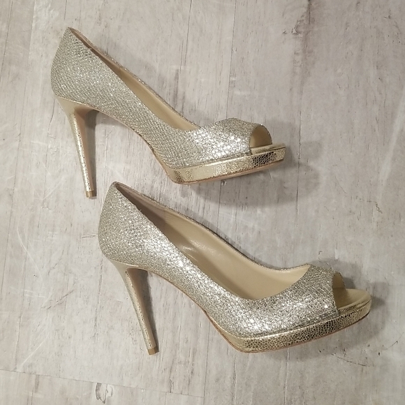 💕JIMMY CHOO💕 Metallic Luna 100 Champagne Glitter Fabric Peep Toe Platform Pump - Picture 10 of 16